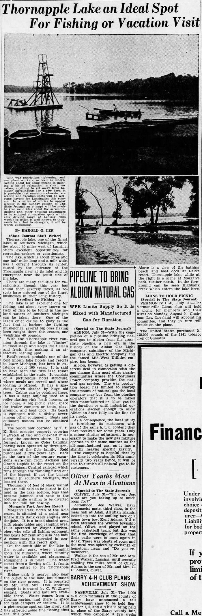 Reids Resort Thornapple Lake (Coles Landing) - Write Up From 1943 (newer photo)